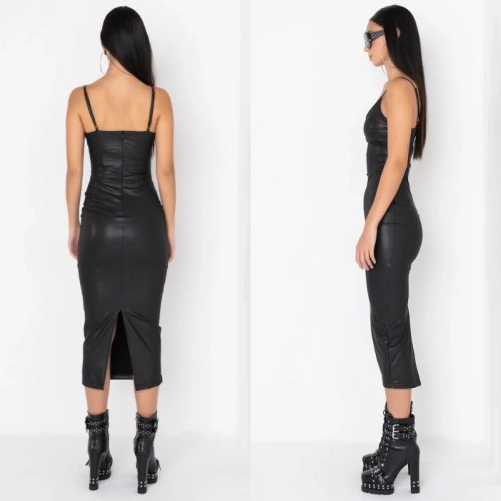 Black Longline Faux Leather Midi Dress - Picture 3 of 5